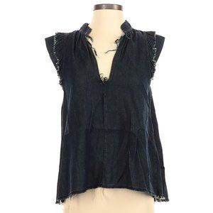Artisan de Luxe Dark Denim Chambray Boho Ruffled Cap Sleeve Raw Edge Top XS/S